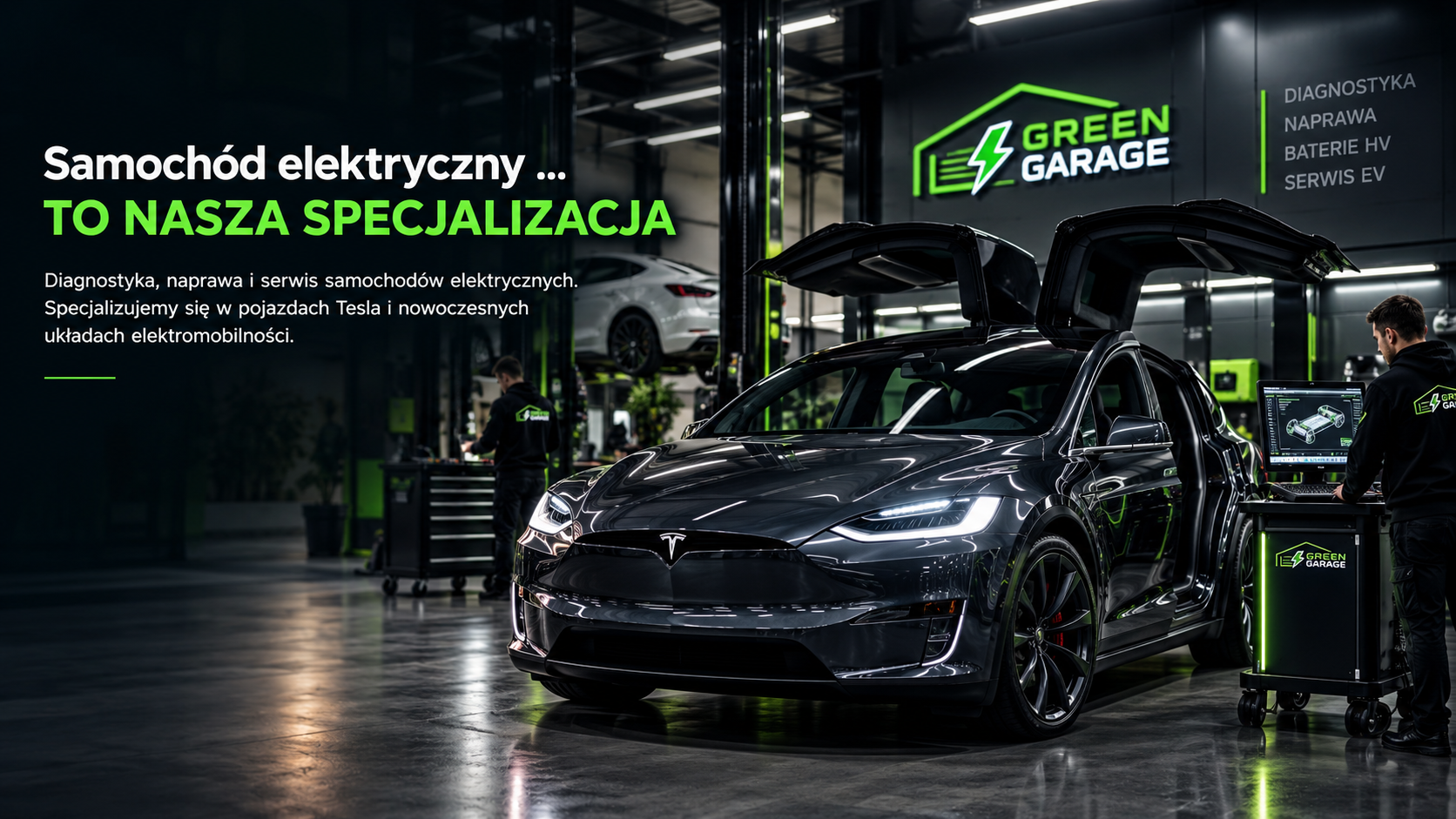 Twój samochód elektryczny. Nasza specjalizacja. Diagnostyka, naprawa i serwis samochodów elektrycznych. Serwis Tesla, diagnostyka EV, naprawa baterii HV.